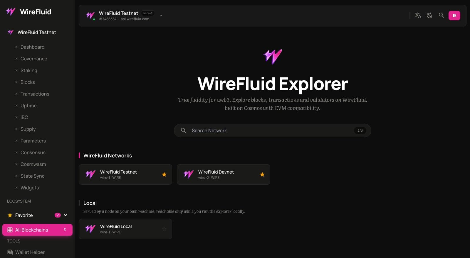 WireFluid block explorer showing the testnet and devnet networks